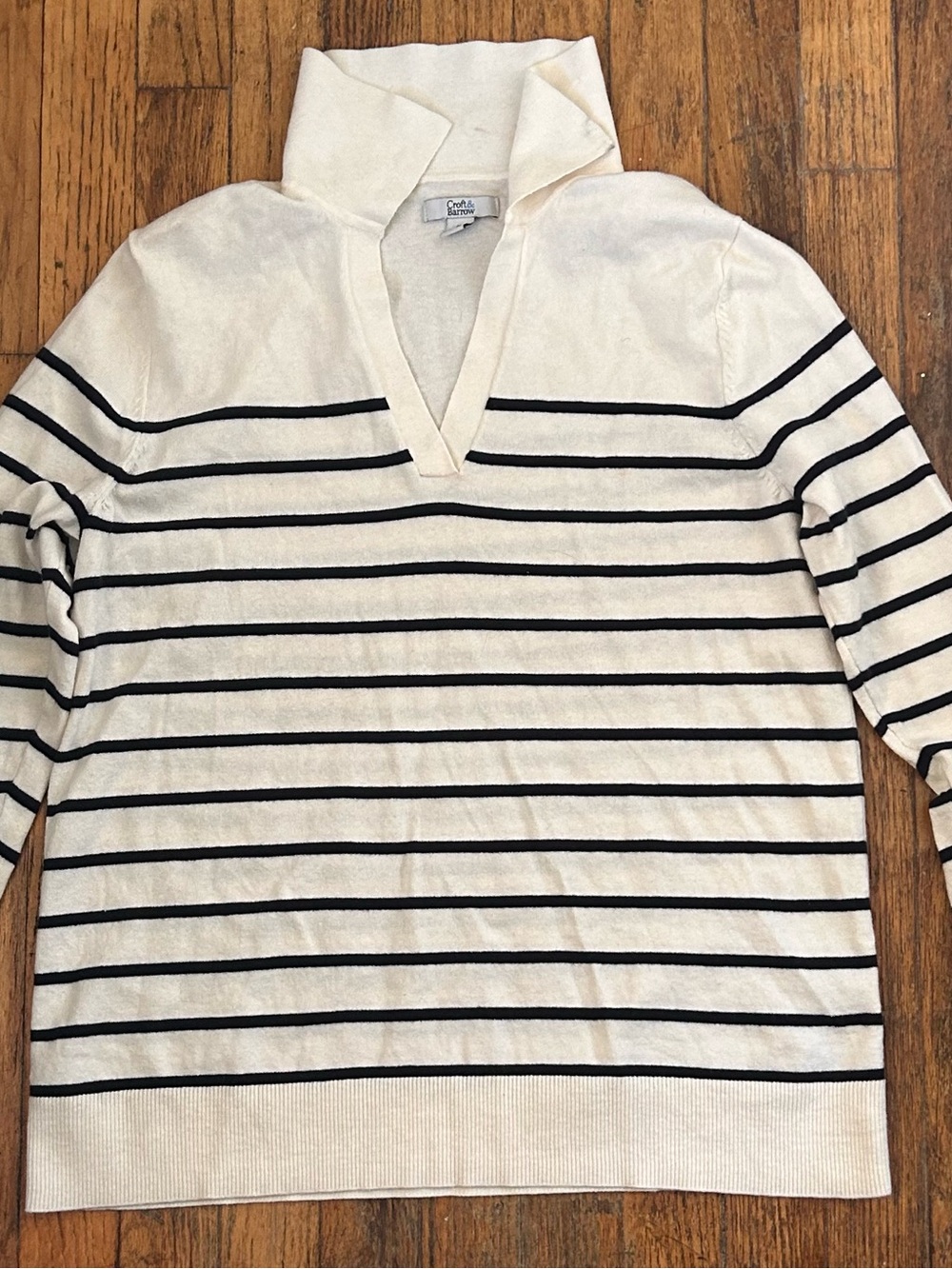 Croft & Barrow Cream and Navy Striped V-Neck Sweater